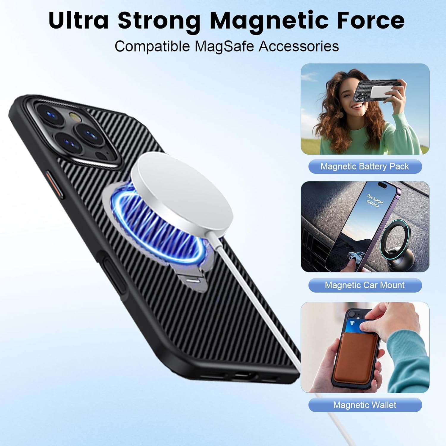Premium shockproof iPhone cover with magnetic support, iphone 15 pro max case crafted from durable carbon fiber with an integrated kickstand.
