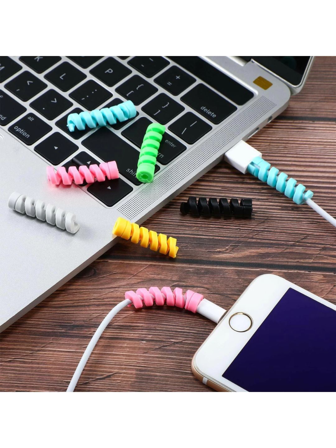 Multicolor silicone protectors for charging cables and wired earphones, a pack of 4 to safeguard against fraying and wear.