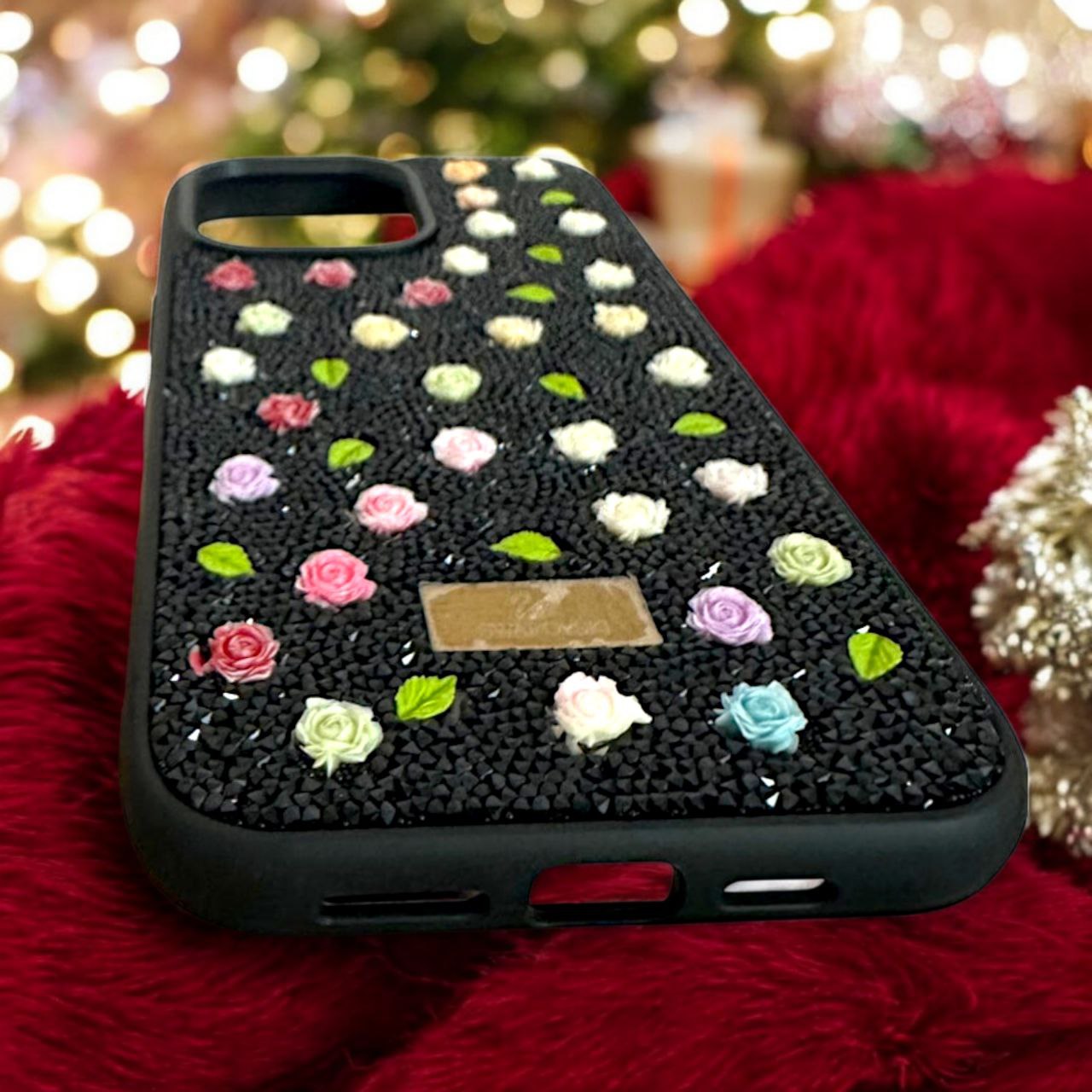 Handcrafted crystal studded iPhone case, iphone 15 pro max cover featuring intricate floral details and a premium textured finish for elegance and durability
