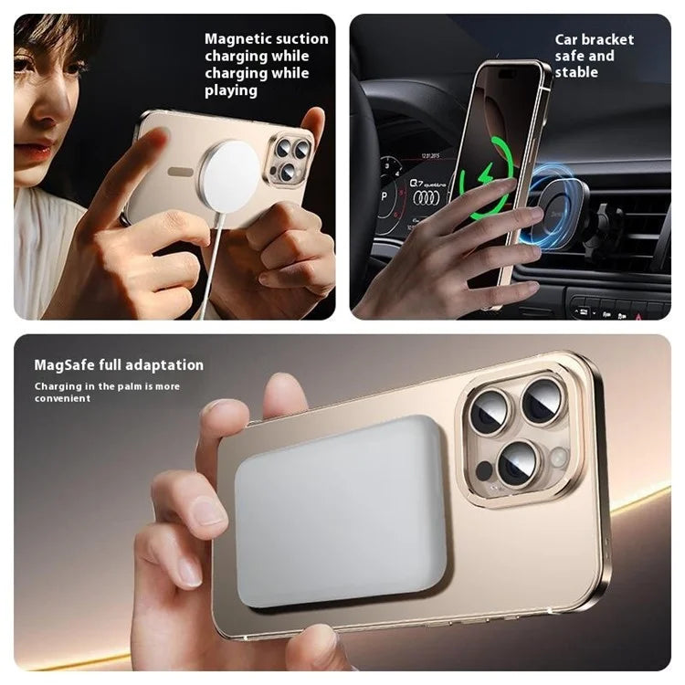 Luxury apple cover in desert titanium color, iphone 16 pro case featuring a magnetic section for seamless charging and hands free car mount usage.