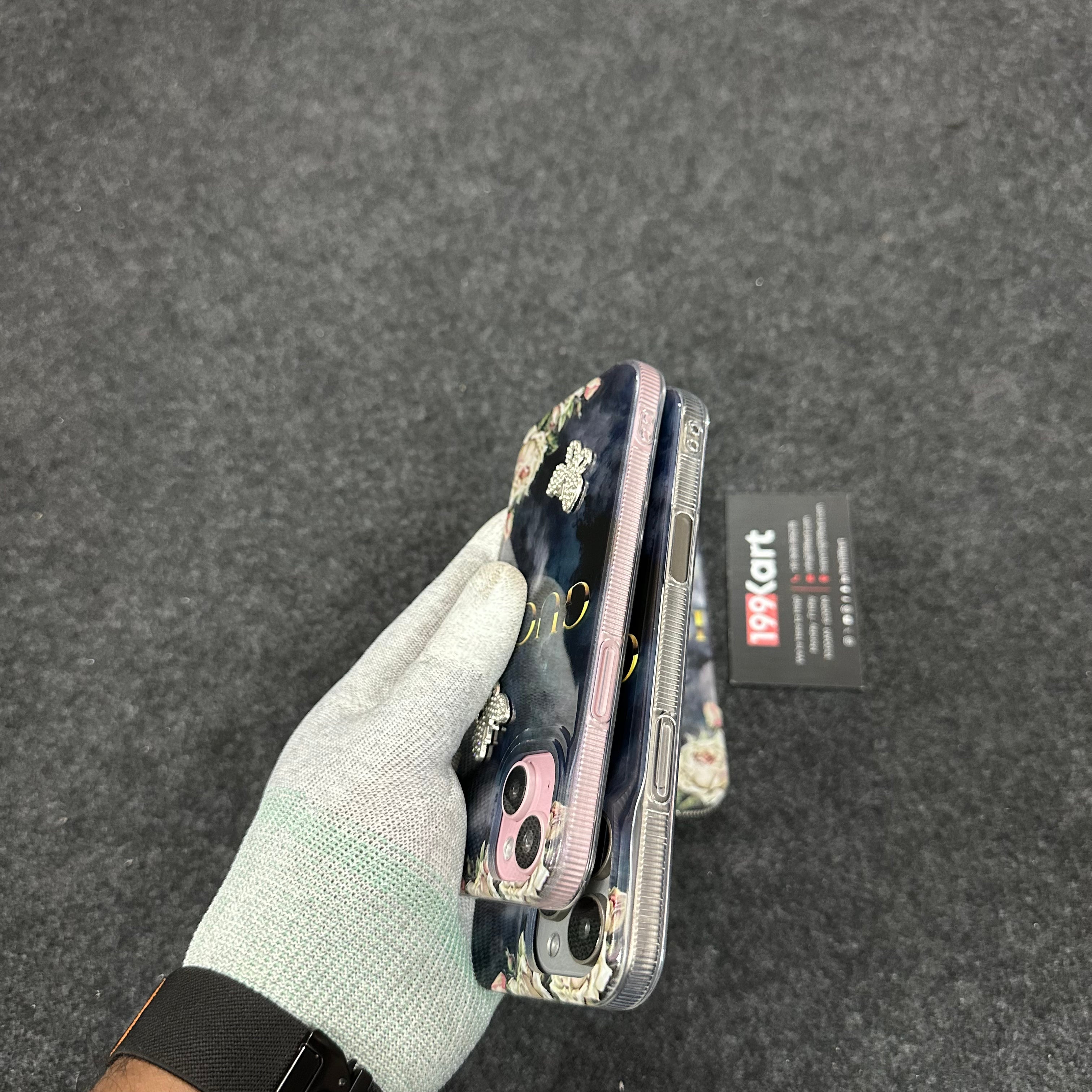 Aesthetic iPhone case with a chic embossed butterfly stone pattern, built for durability and elegance