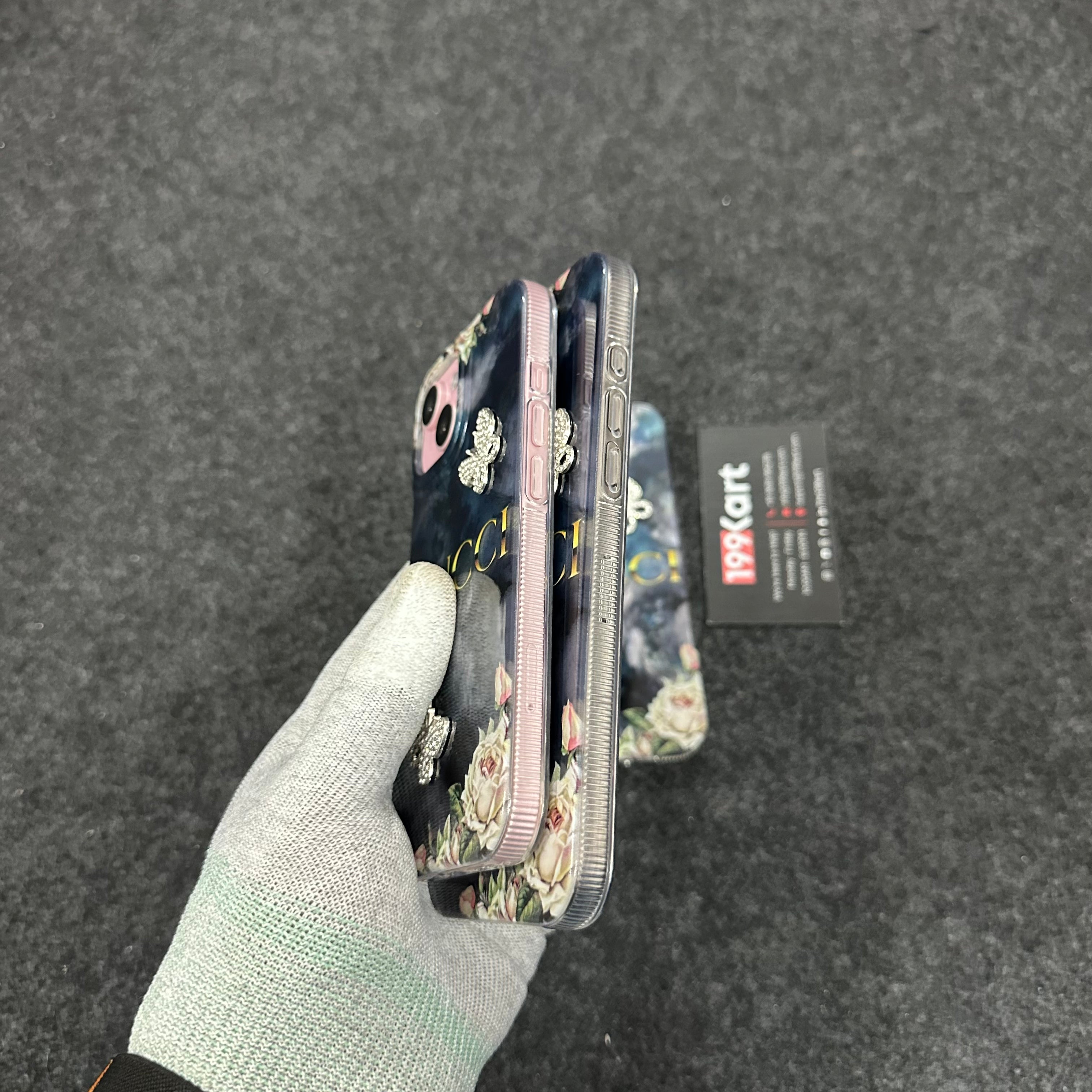 Elegant printed mobile cover for iphone 16 pro with a glamorous embossed butterfly stone, offering durability with precise cutouts