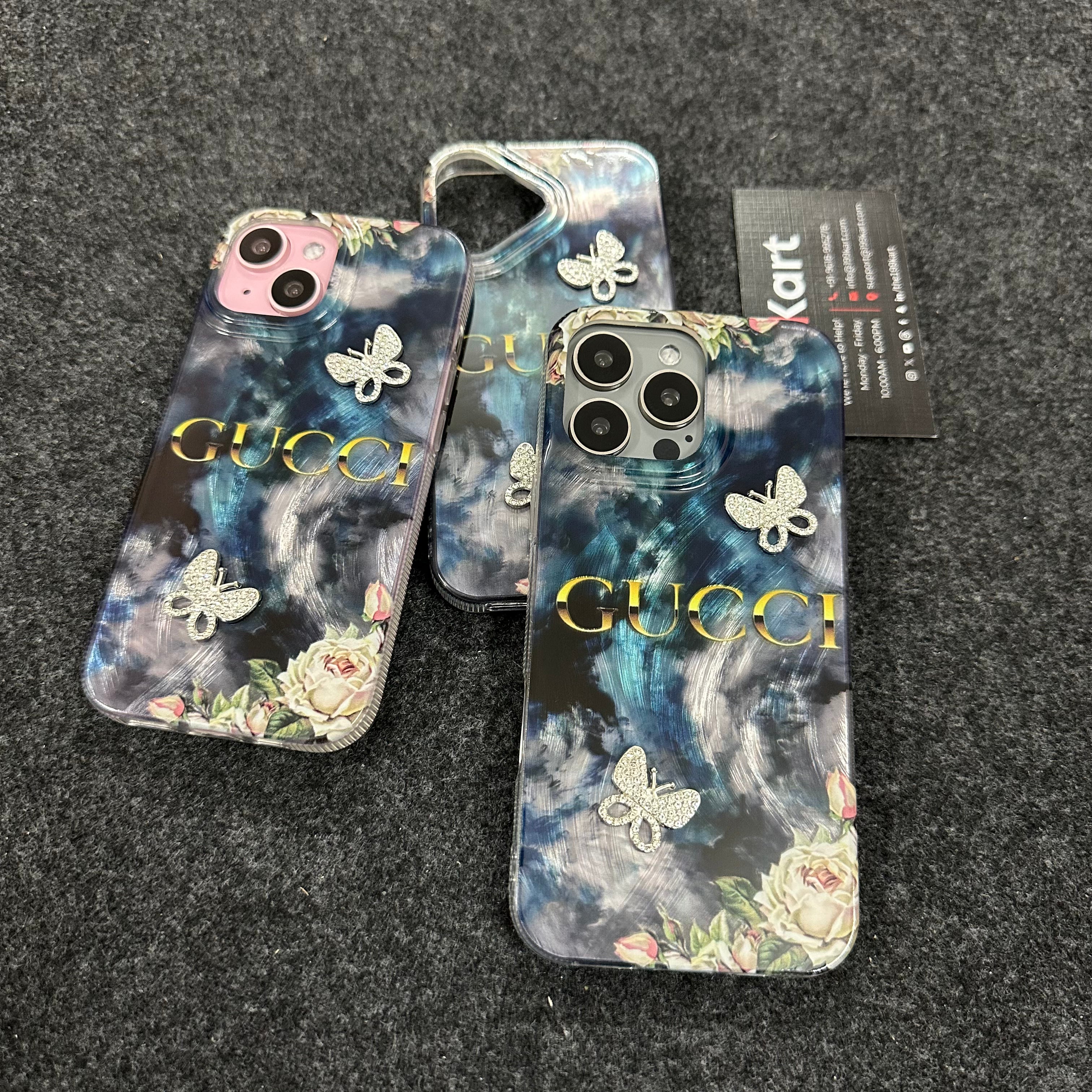 Designer Gucci printed hard back apple cover with embossed butterfly stone logo, stylish iPhone case with luxury pattern perfect for iphone 16 pro max