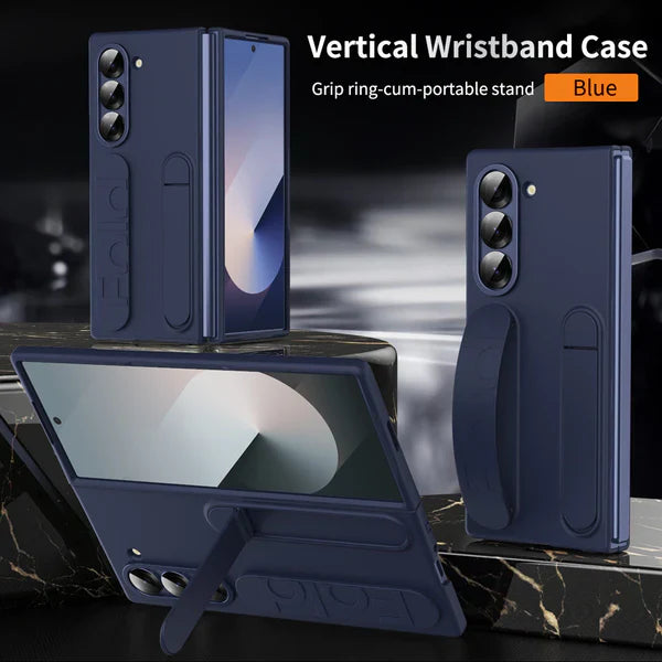 Blue wristband samsung cover for Samsung aalaxy Z fold 6 with a portable stand and secure hand grip