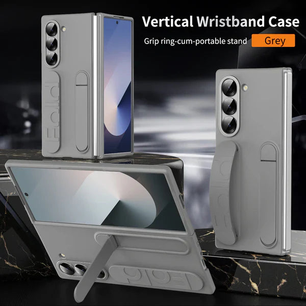 Grey wristband samsung cover for Samsung Z Fold 6 featuring a durable grip ring and stand for convenience