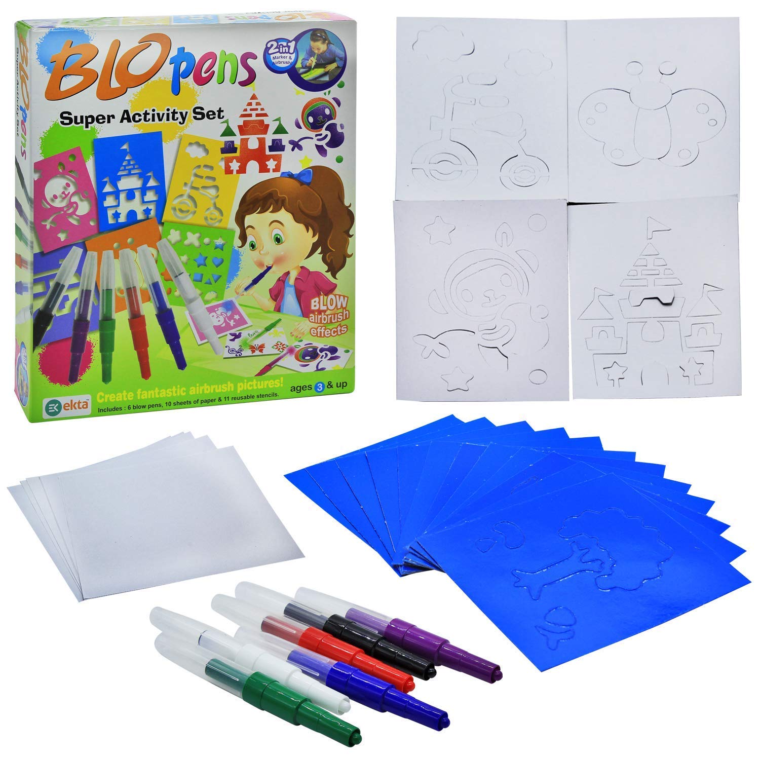 BLO Pens Super Activity Set for kids includes airbrush markers, stencils, and creative templates for fun art projects