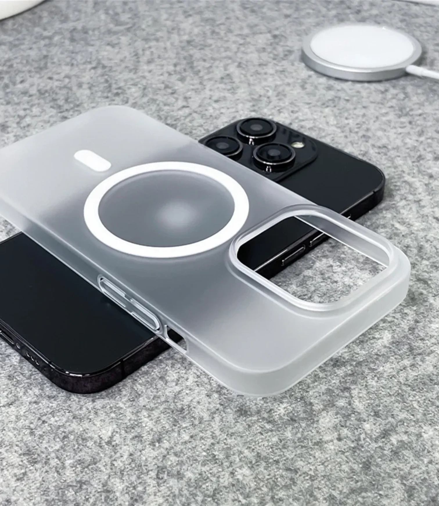 A sleek, semi-transparent iPhone cover with MagSafe compatibility, iphone 16 pro max cover designed for a premium grip and wireless charging support.