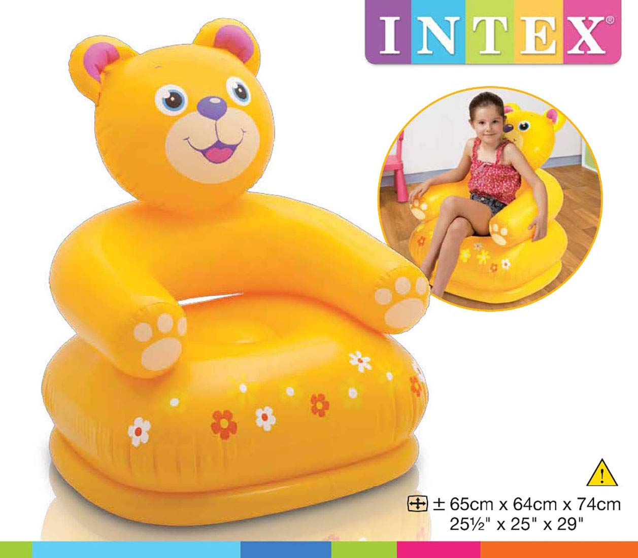 Yellow bear shaped inflatable toys kids chair from Intex with floral design, ideal for indoor and outdoor seating