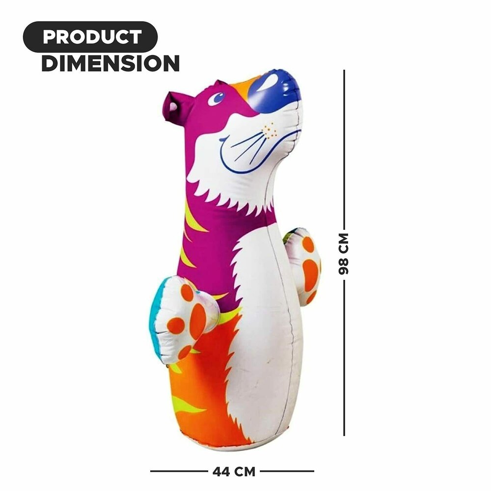 Dimensions of a colorful tiger inflatable bop bag, showing its size and design for interactive play