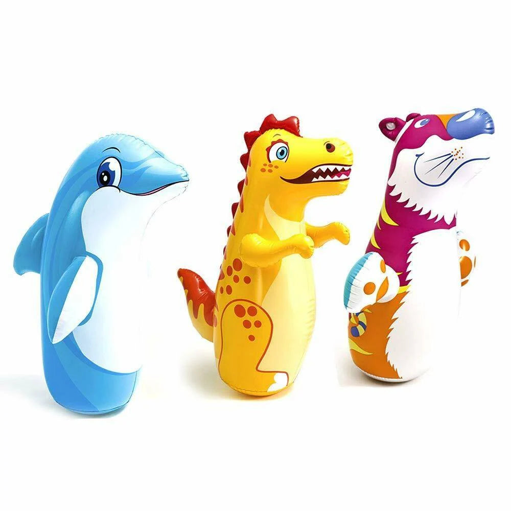 Set of three inflatable bop bags featuring a dolphin, dinosaur, and tiger, designed for kids&