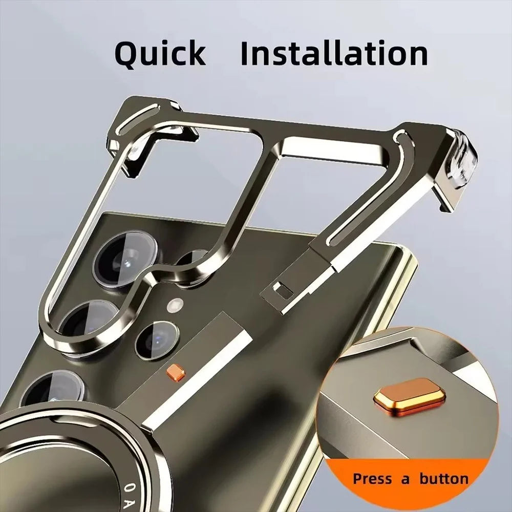 High durability iPhone case featuring reinforced corners and borderless metallic ring stand with a quick installation button for samsung fold 6