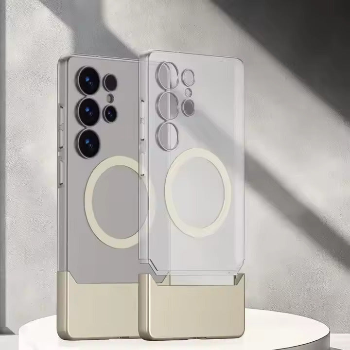 mobile covers with MagSafe support, Samsung S25 Ultra cover featuring a transparent anti yellow back and stylish gold tone protective bottom for drop resistance