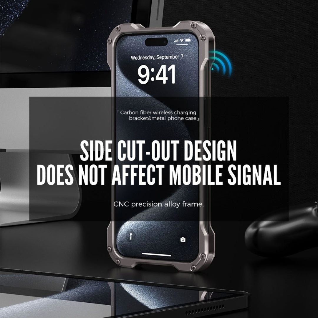 Side cut out iPhone cover design that maintains mobile signal strength while providing edge protection for iphone 15 pro max cover