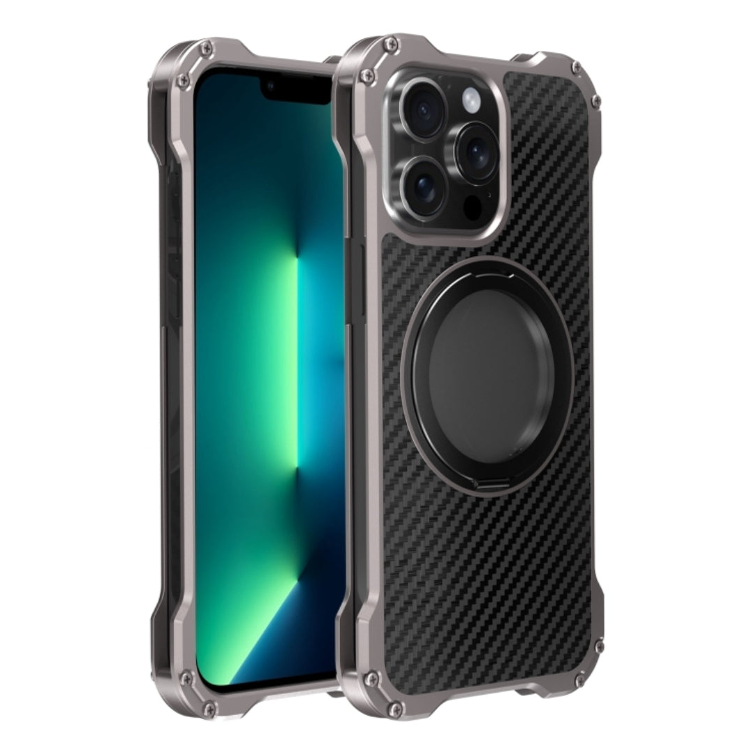 Dual layer carbon fiber iPhone cover with integrated kickstand ring for grip and magnetic functionality for iphone 15 pro max cover