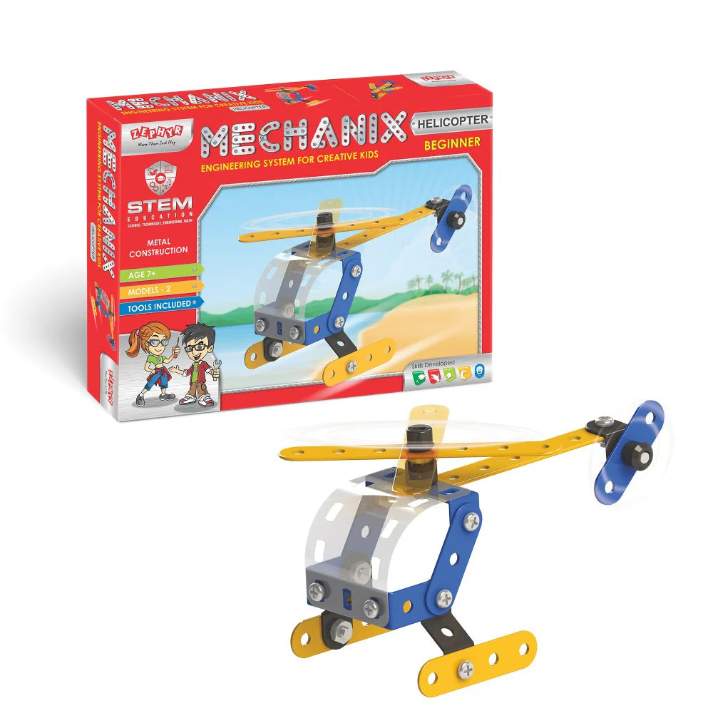 A toy helicopter featuring vibrant blue and yellow blades, showcasing a playful design for imaginative play.