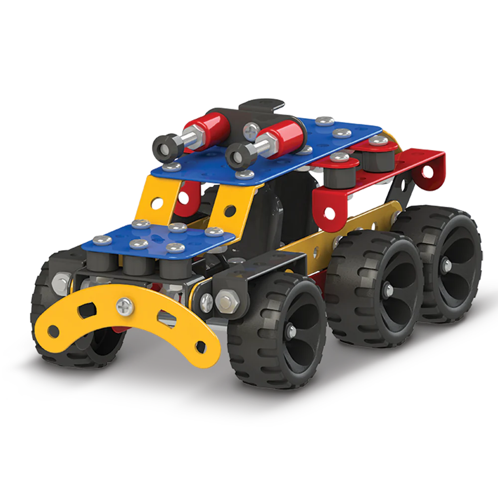 A vibrant toy car displayed made with metal components and rubber tyres for creative building.