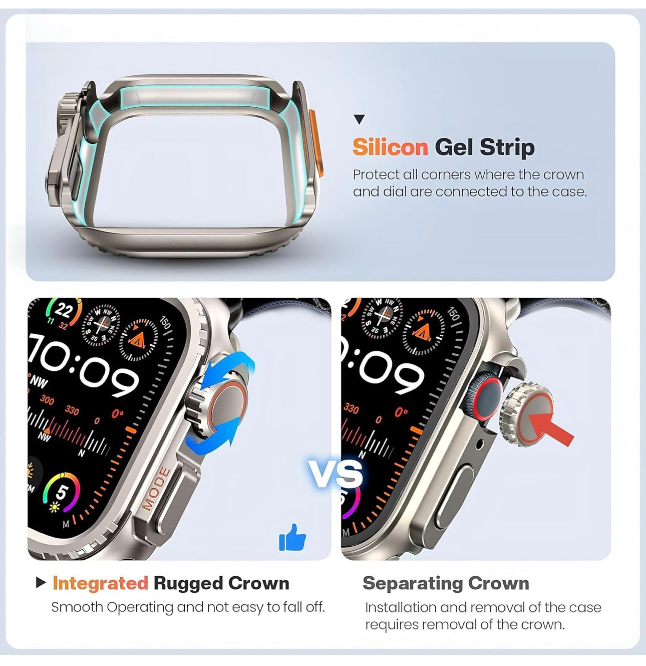 Side by side comparison highlighting the benefits of an integrated rugged crown over a separate removable crown in Apple Watch covers