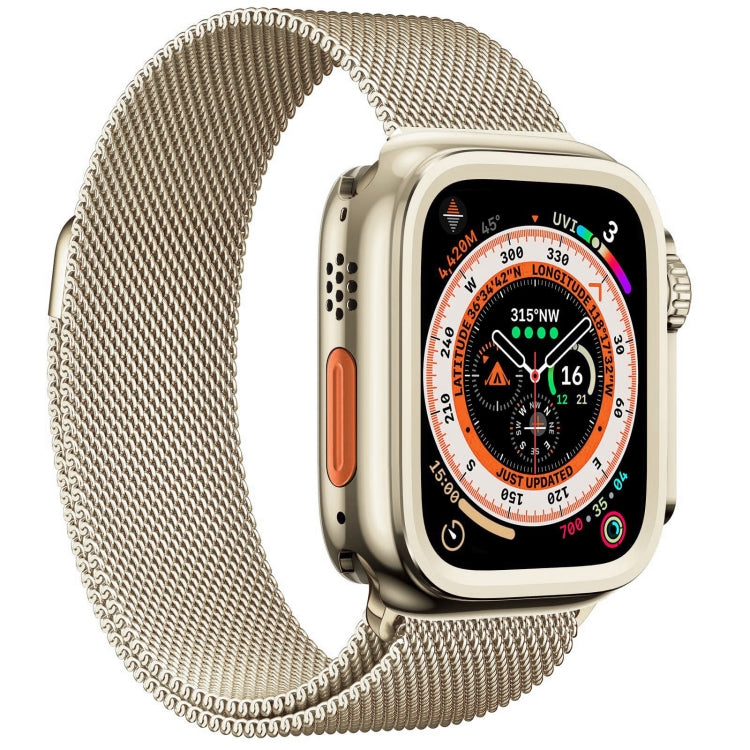 Side view of the Apple Watch wrapped in a silver tone rugged bumper with a gold mesh band, ideal for both casual and formal use