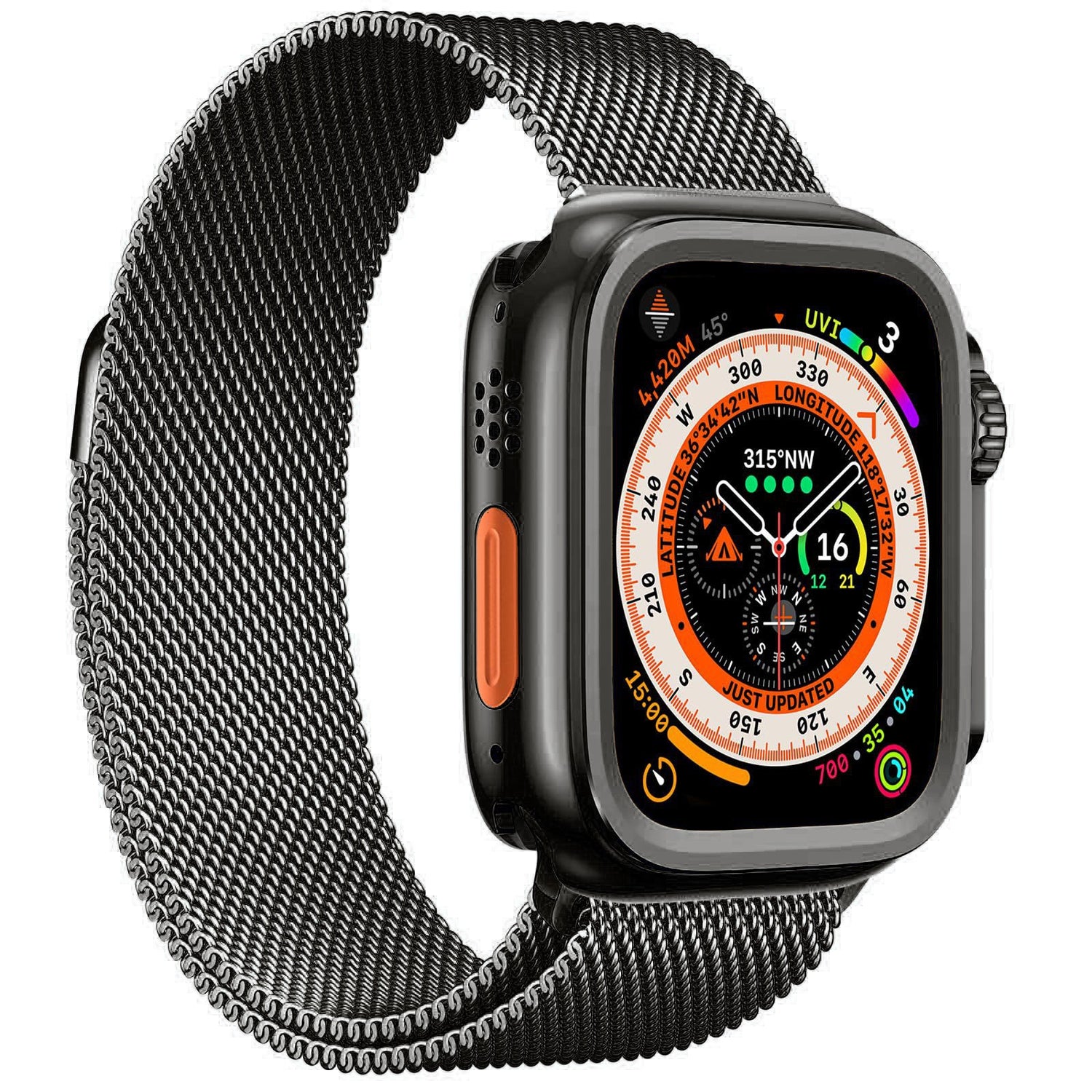 Apple Watch with a black metallic bumper case and mesh strap, combining a sleek look with strong wrist support