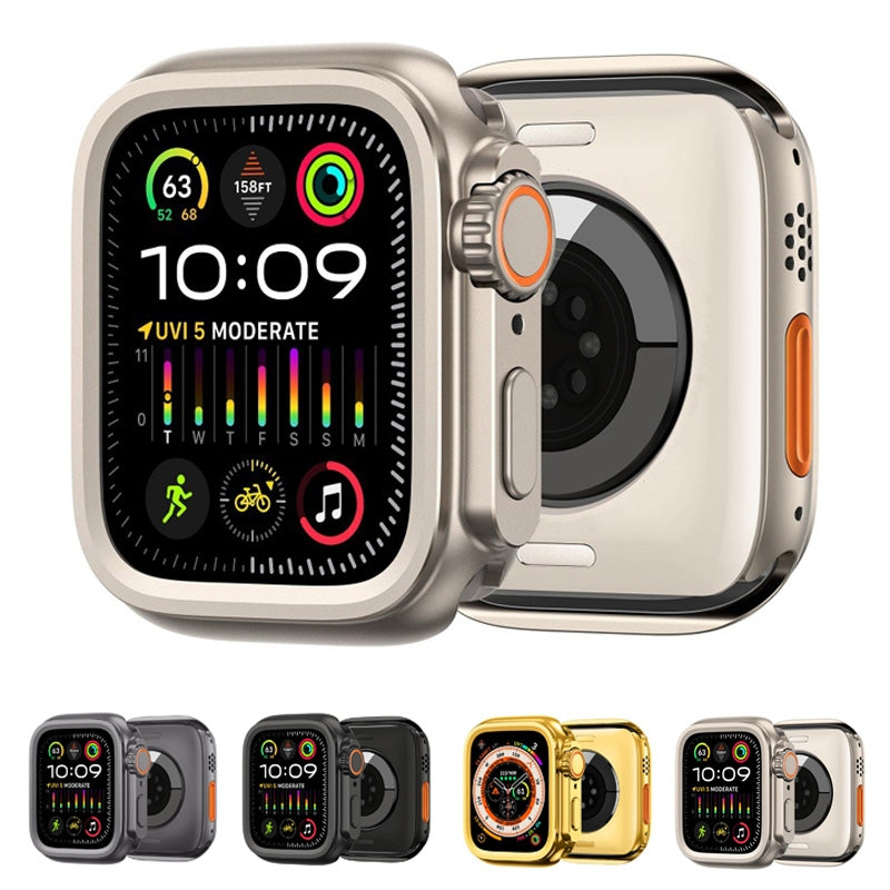 Multiple Apple Watch bumper case color options, including black, gold, and silver, arranged in a row to show variety