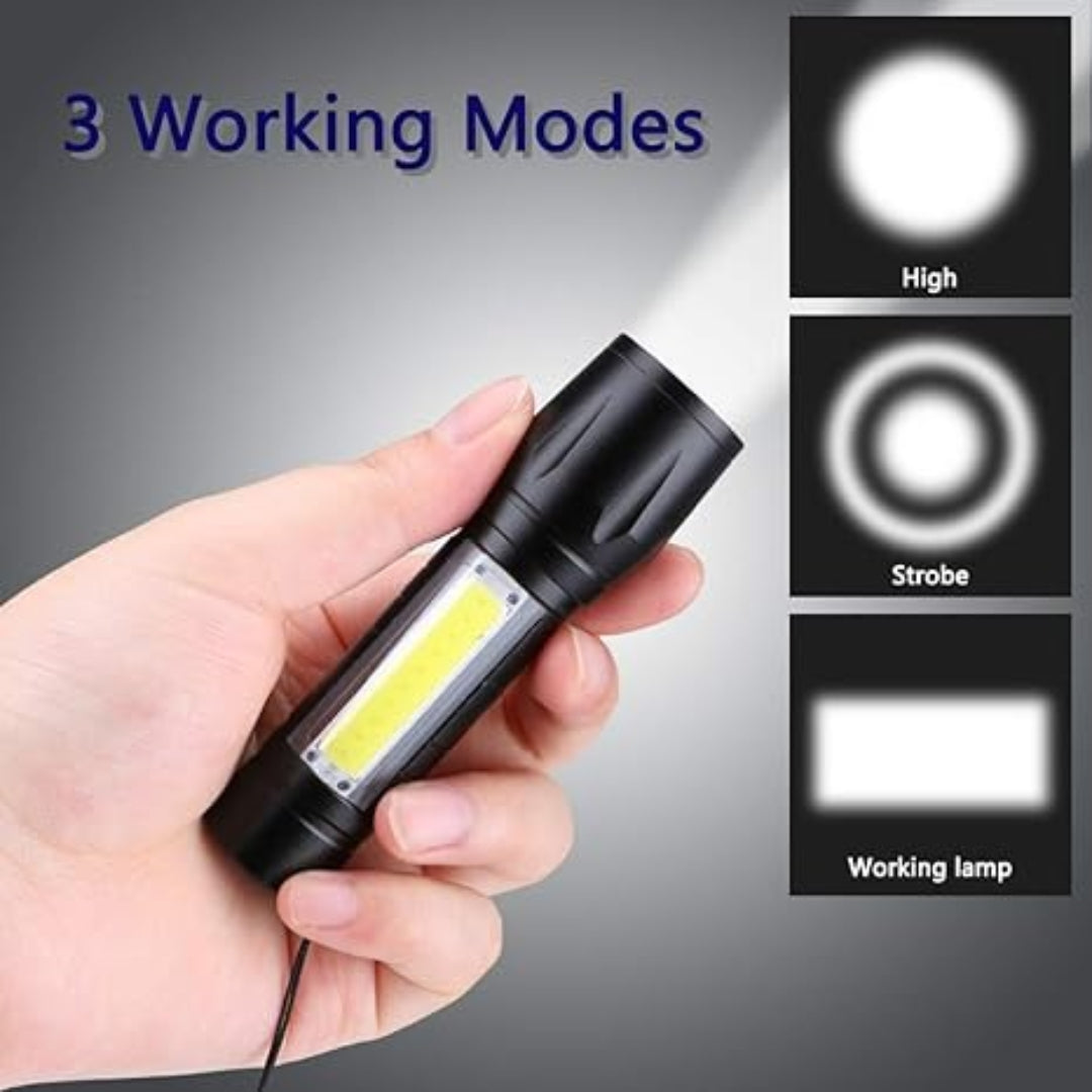 Hand holding a multifunctional LED flashlight showing its three lighting modes high, strobe, and working lamp