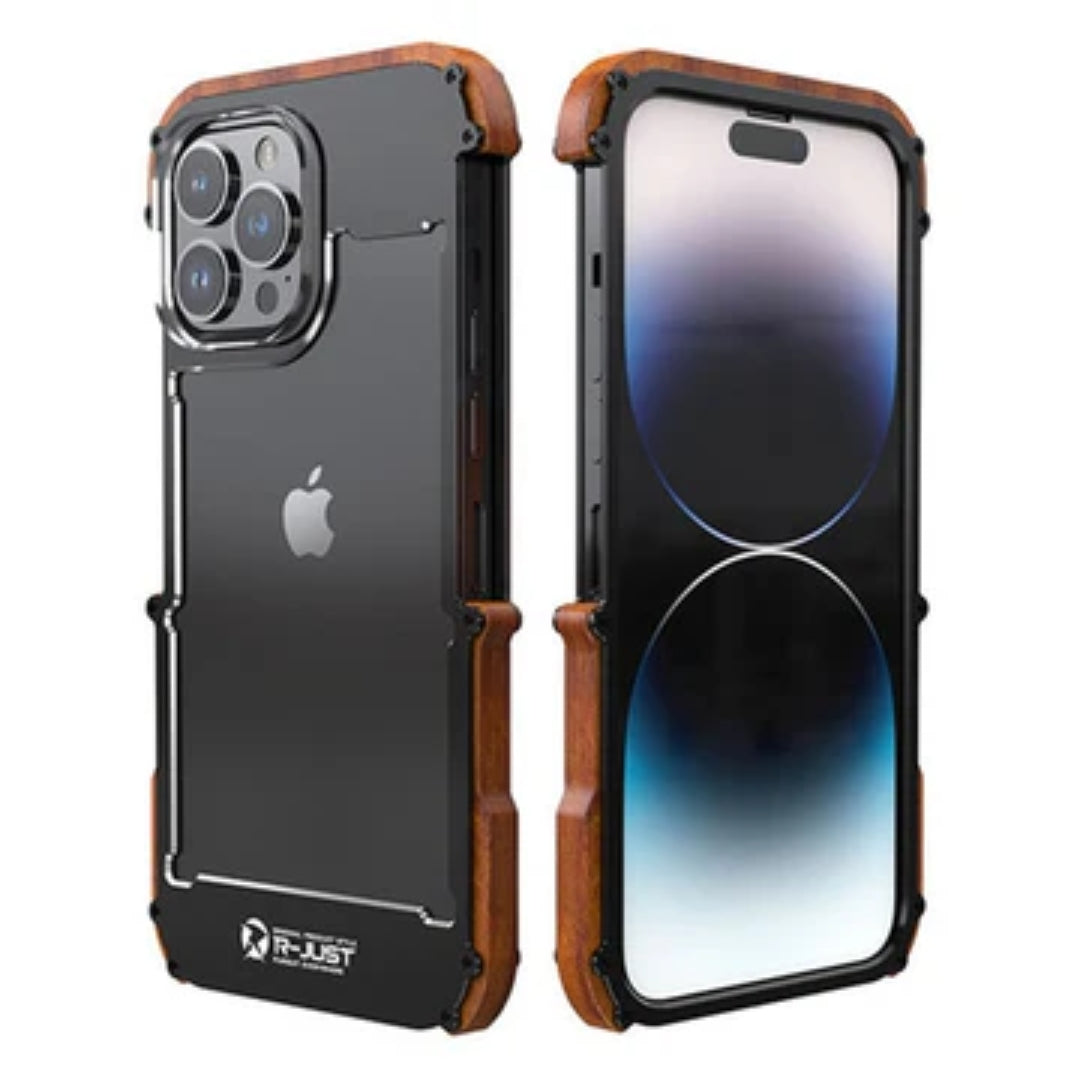 Front and back view of the iPhone cover with shockproof frame and natural wood accents for iphone 15 pro max cover