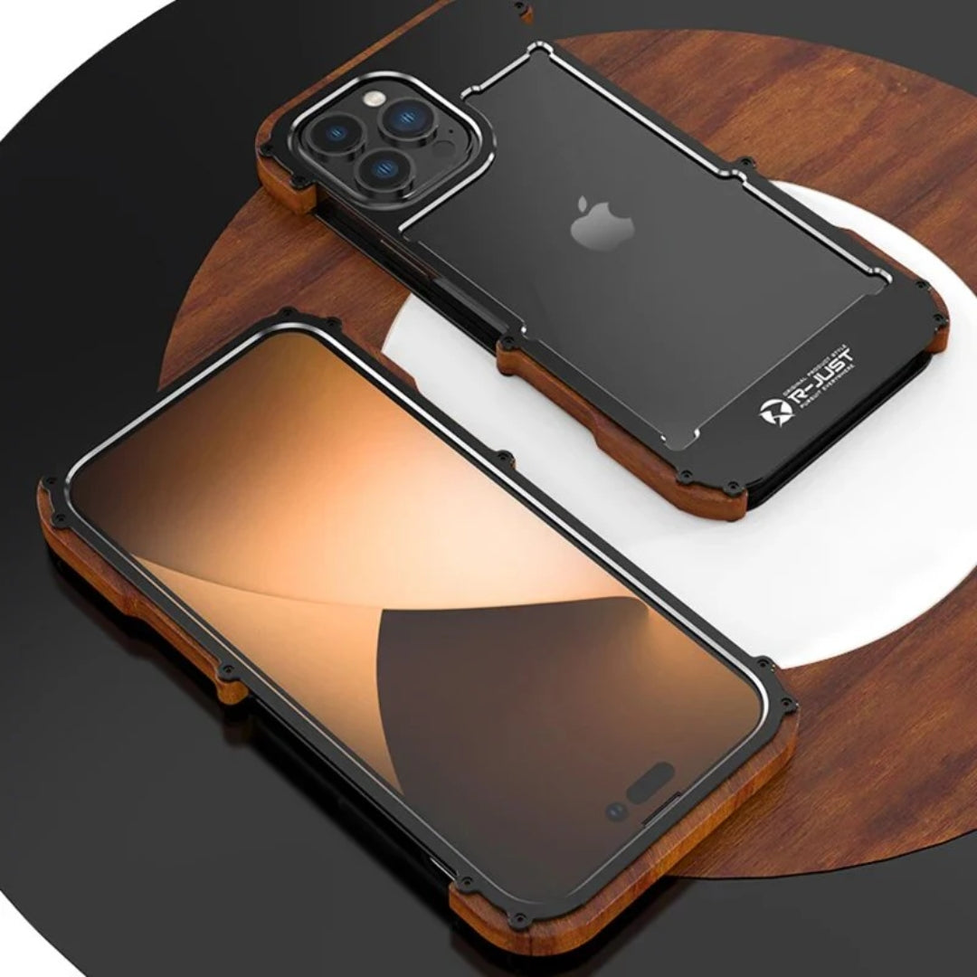 Two iPhones displayed with a brown wood and black metal hybrid Apple cover, iphone 15 pro max cover showcasing the back and front design on a modern table setting