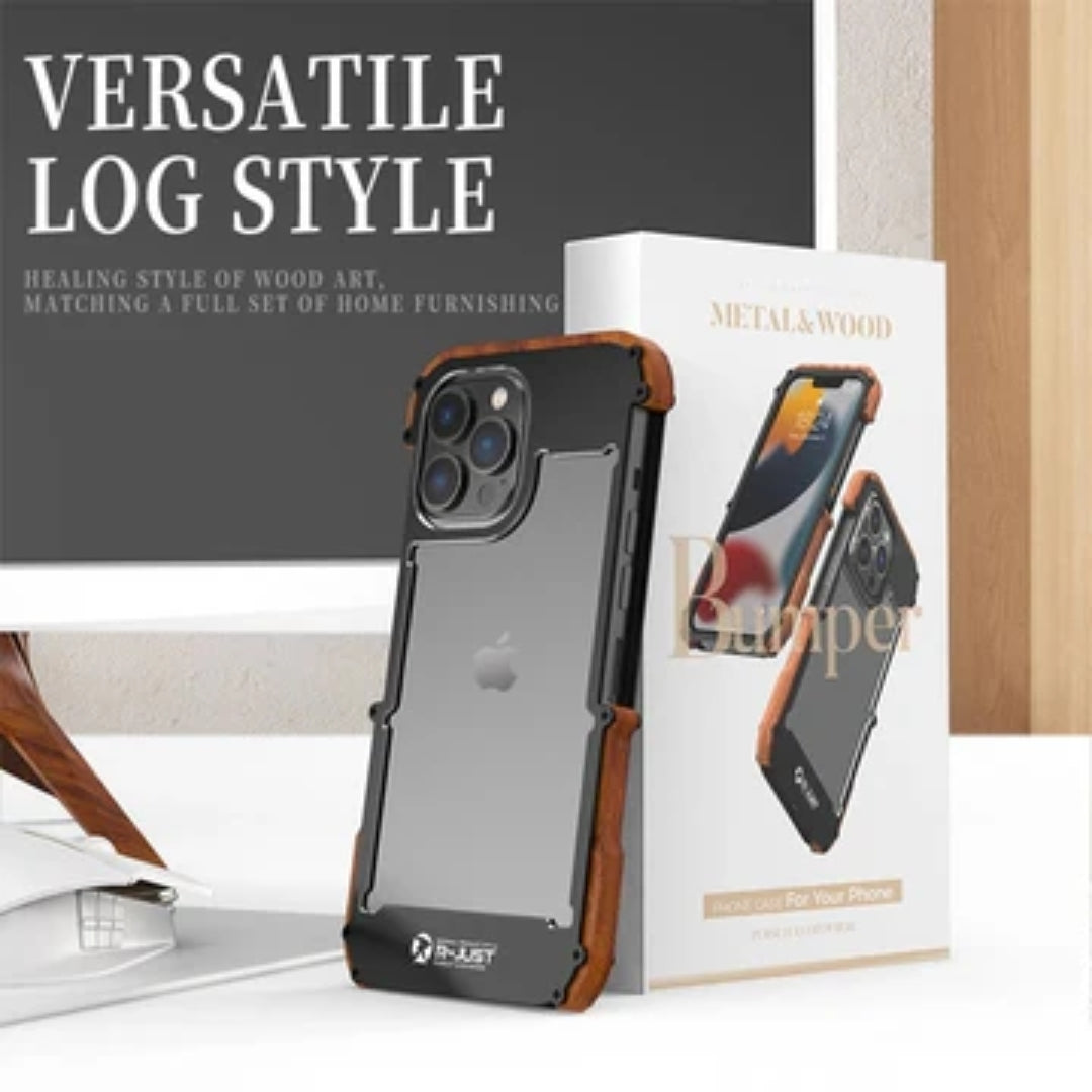 Premium iPhone case styled in log texture placed beside its branded packaging for a complete presentation for iphone 15 pro max cover