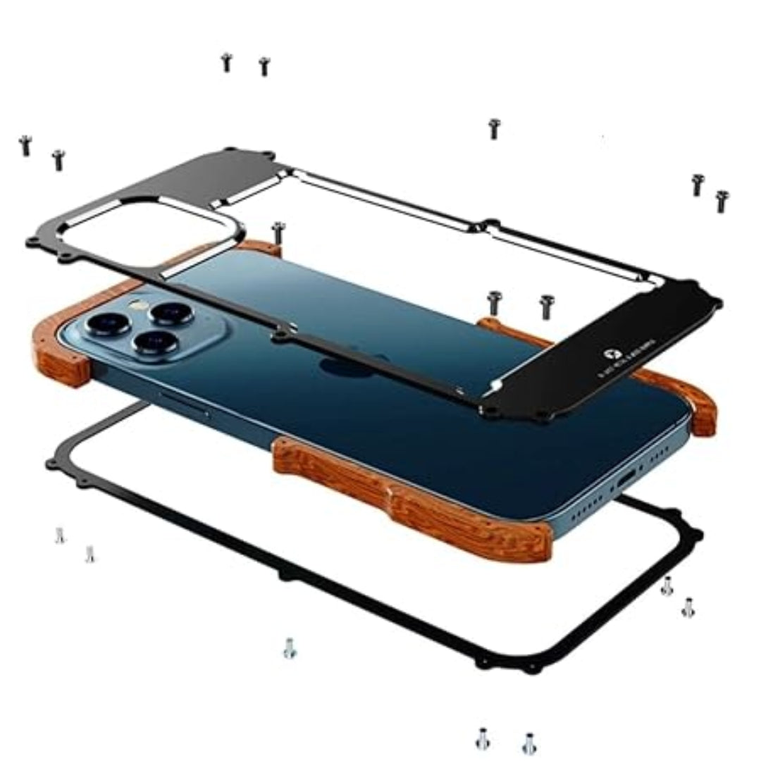 Exploded view of the apple cover components showing how the wood and metal parts are assembled around the phone for iphone 15 pro max cover