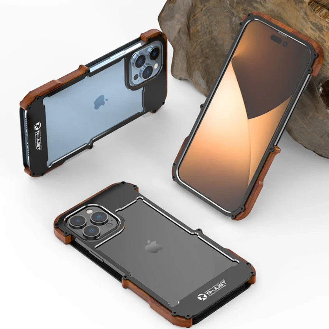 Multiple angles of the iPhone cover displayed on a smooth surface to showcase its wood metal hybrid build for iphone 15 pro max cover