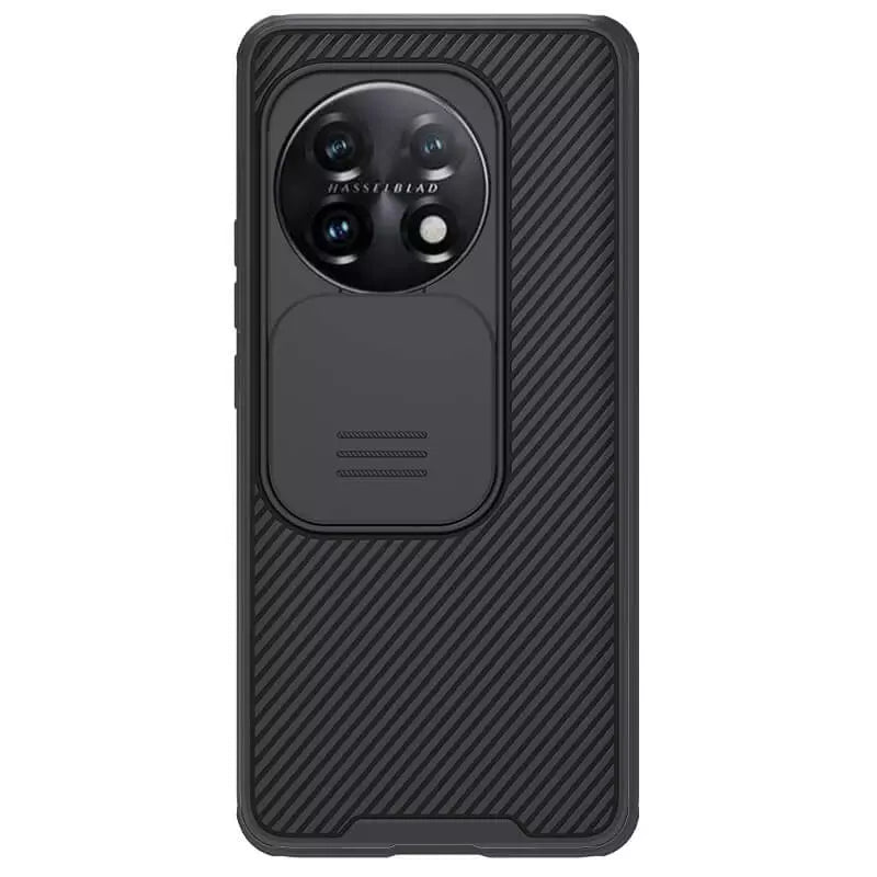 Back view of oneplus 11R black textured case fitted on the phone, showing full camera exposure and elegant design
