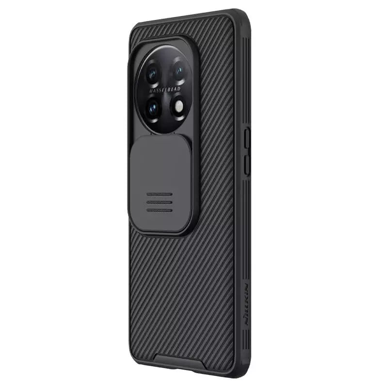 Angled side view of the black Oneplus 11R mobile cover highlighting its slim build and rugged texture