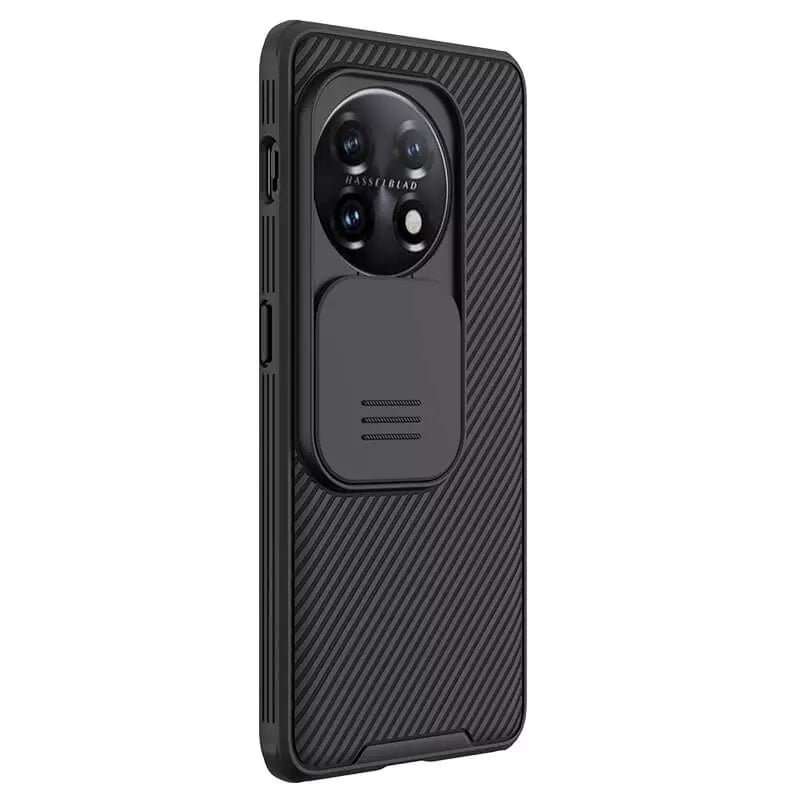 Black textured mobile cover for OnePlus 11R with a sliding camera protector and rugged grip design