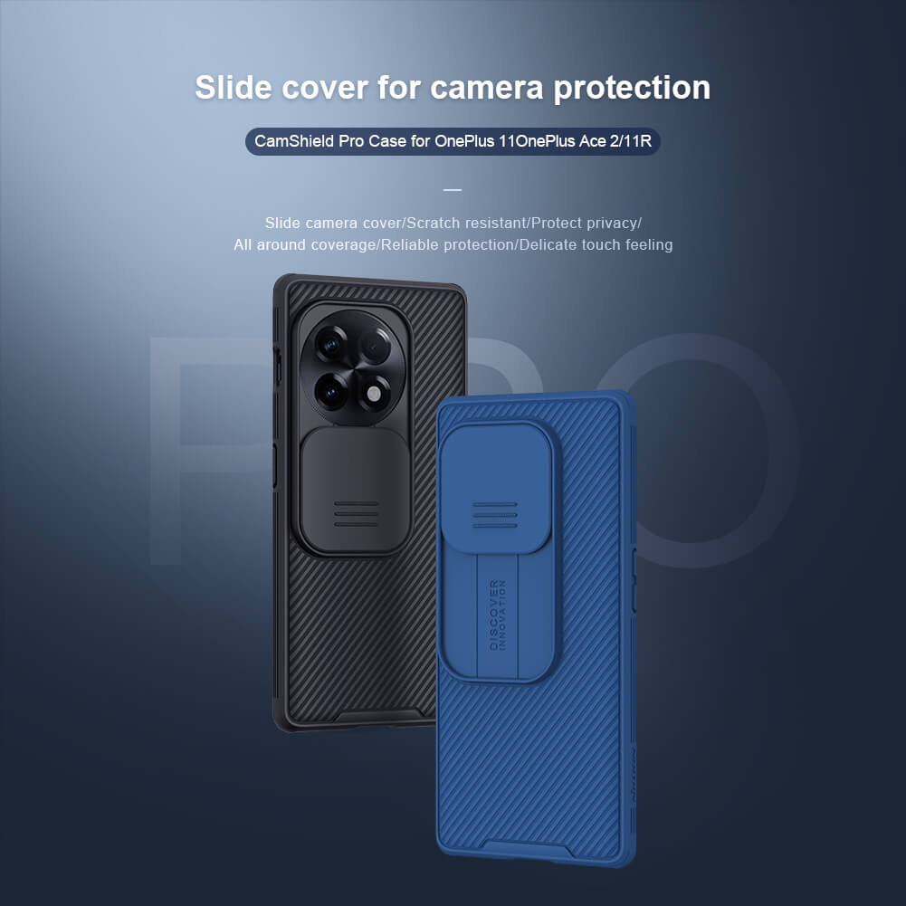 black and blue variants featuring scratch resistance and protects privacy , oneplus ace 2 featuring a sliding cover for camera protection.