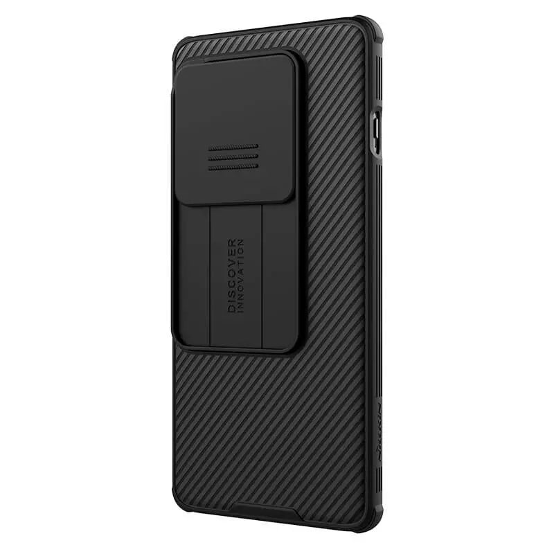 Rear view of carbon fiber mobile covers for OnePlus 12R case with triple lens and sliding cam shield