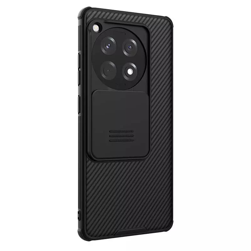Rear view of carbon fiber mobile covers for OnePlus 12R case with triple lens and sliding cam shield.