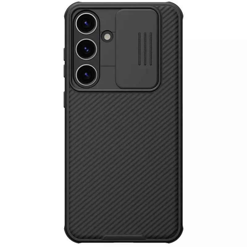s24 ultra cases india featuring a vertical triple camera layout and protective sliding lens cover, finished in a black carbon fiber texture