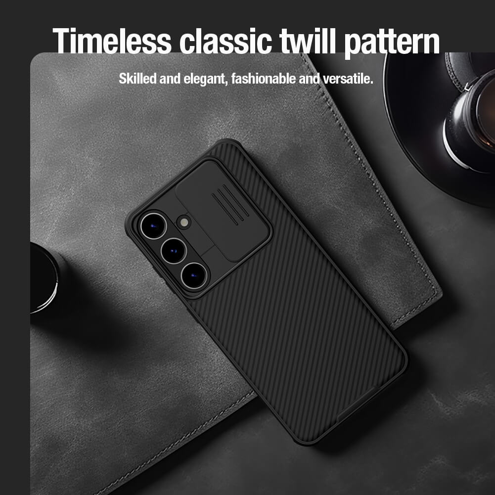Samsung cover placed on a leather pouch with timeless classic twill pattern and lens slider for extra privacy for s24 ultra cases india