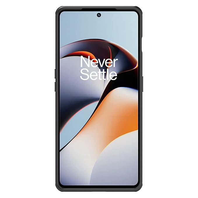 Front view of OnePlus 11R with the cover on, showcasing perfect screen fit and "Never Settle" wallpaper