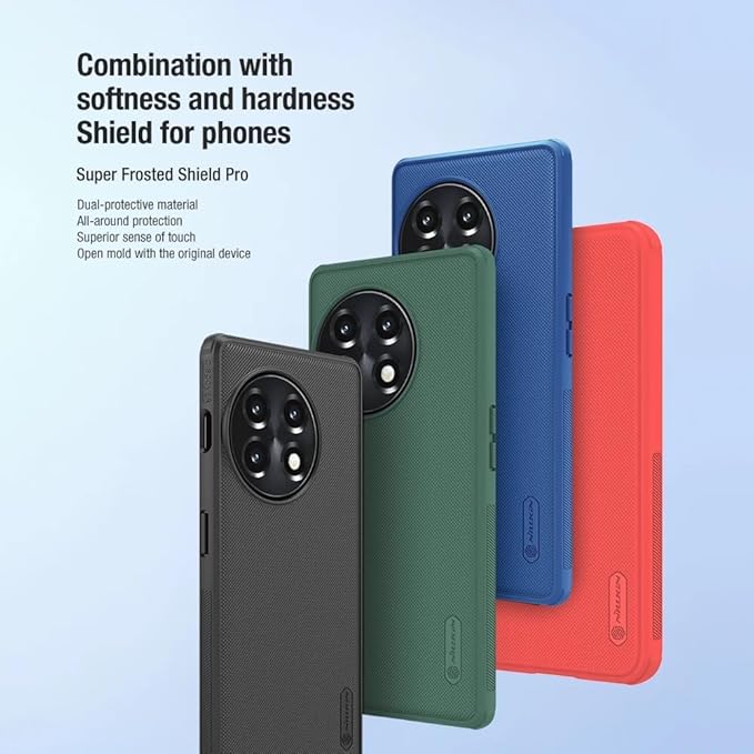 Display of Super Frosted Shield Pro Phone cases in red, blue, green, and black, focusing on dual layer protection for OnePlus 11