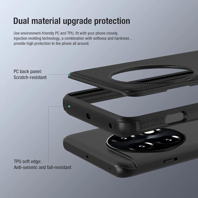 Exploded view of the case structure showing scratch resistant PC back panel and flexible TPU edge for extra protection for Oneplus 11
