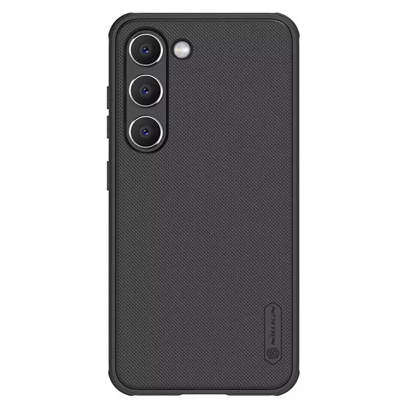 Full rear view of a black Nillkin case for samsung s23 cover with triple camera protection and branding at the bottom.
