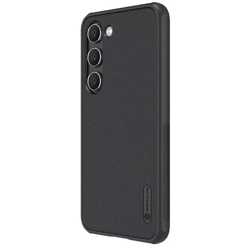 Angled side view of the black matte samsung s23 cover, showing slim fit and textured body.