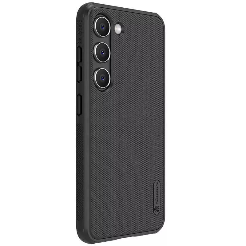 Angled back view of the samsung s23 cover with perfect cutouts and soft edge grip in black matte finish.