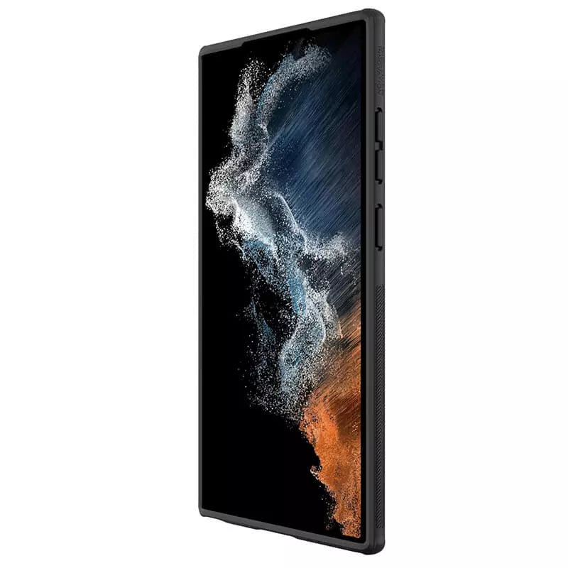 Bezel less front screen of a Samsung device encased in a slim protective mobile cover for s23 ultra cover