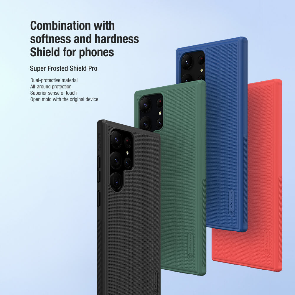 Super Frosted Shield Pro Samsung covers in black, green, blue, and red color options with camera cutouts for s23 ultra cover