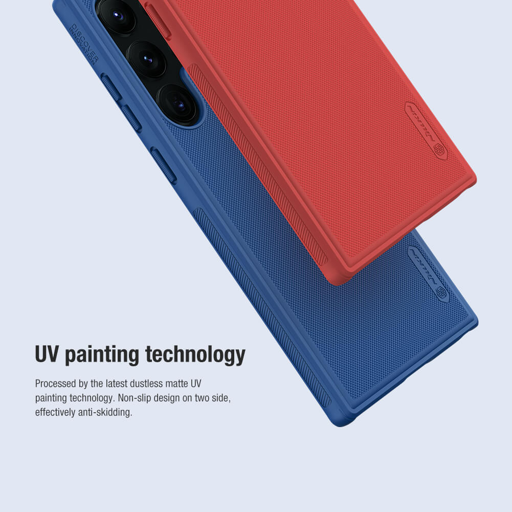 Blue and red Nillkin Super Frosted Shield Pro Matte phone cases with UV painting technology, s23 ultra cover offering enhanced grip and anti aging protection