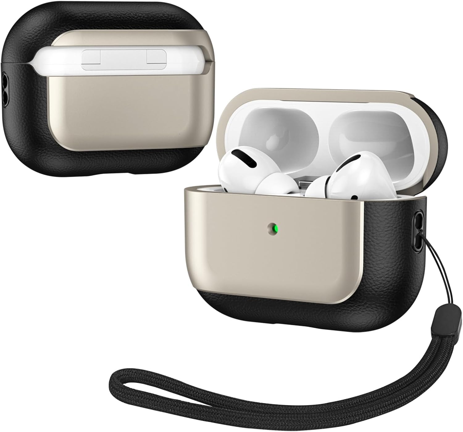 Dual tone black and titanium gray protective airpods pro case with a wrist strap, offering a sleek and modern design