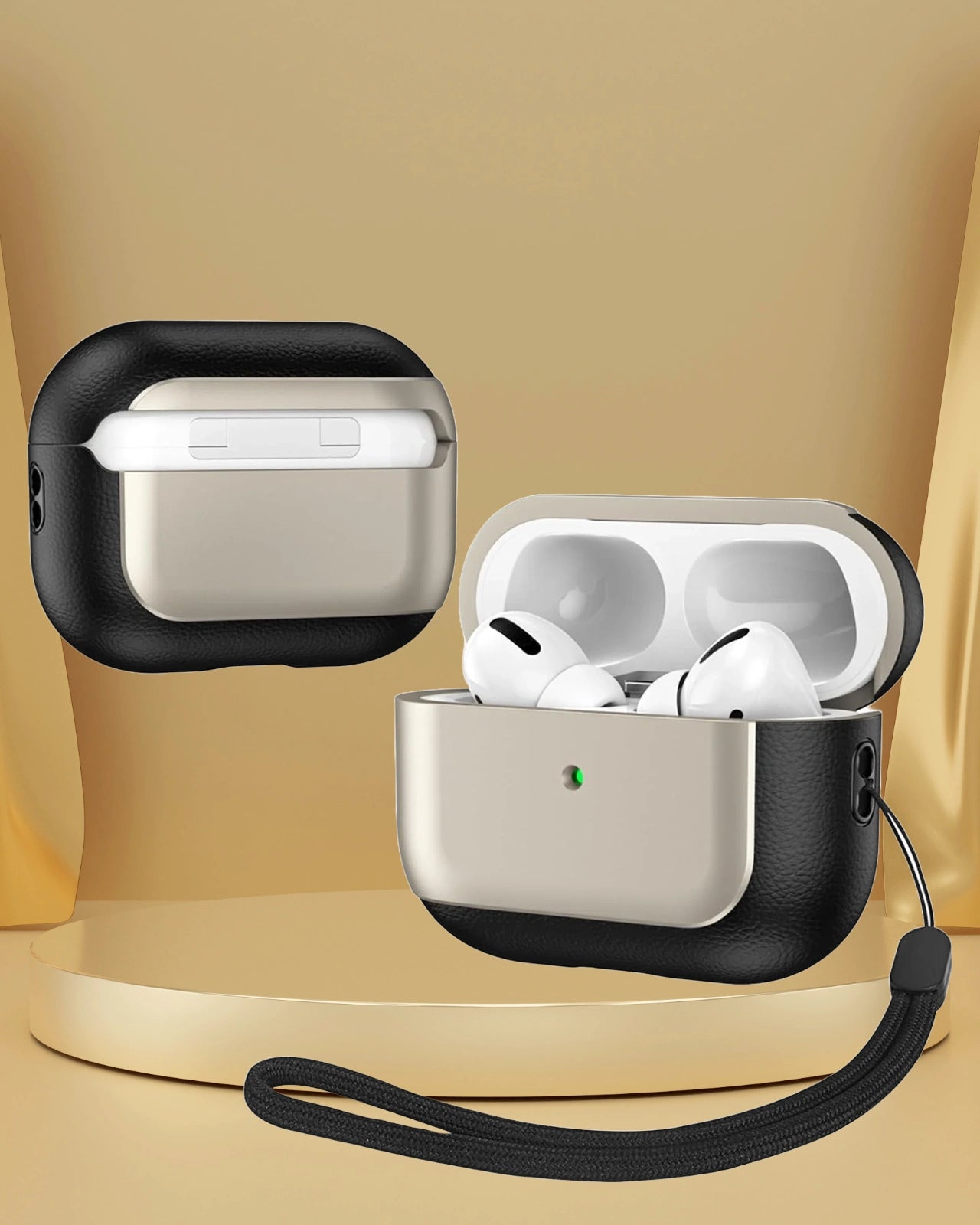 Dual tone black and titanium gray protective airpods pro case with a wrist strap, offering a sleek and modern design