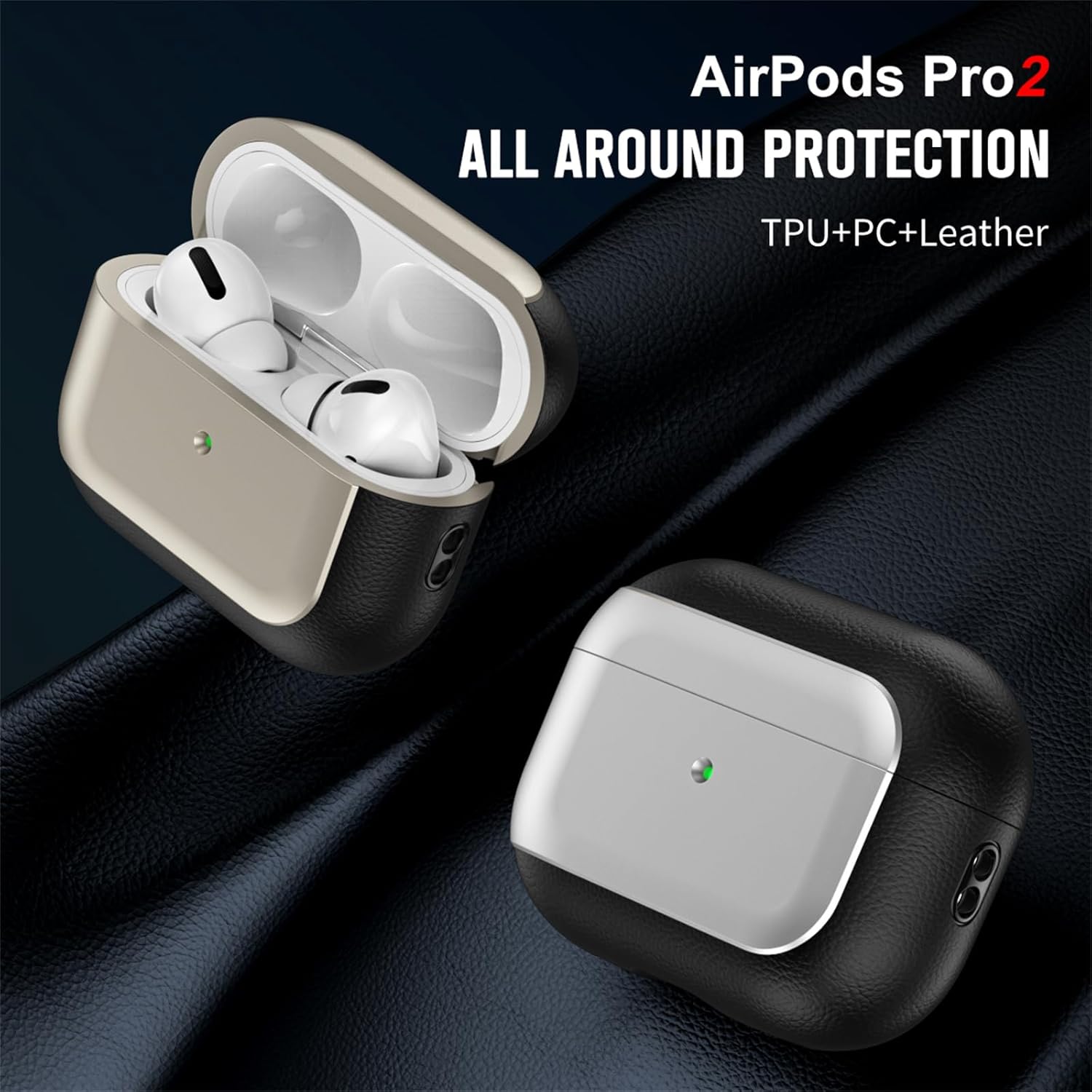 TPU  PC  leather airpods pro case offering robust all around protection with a luxury look in titanium and black